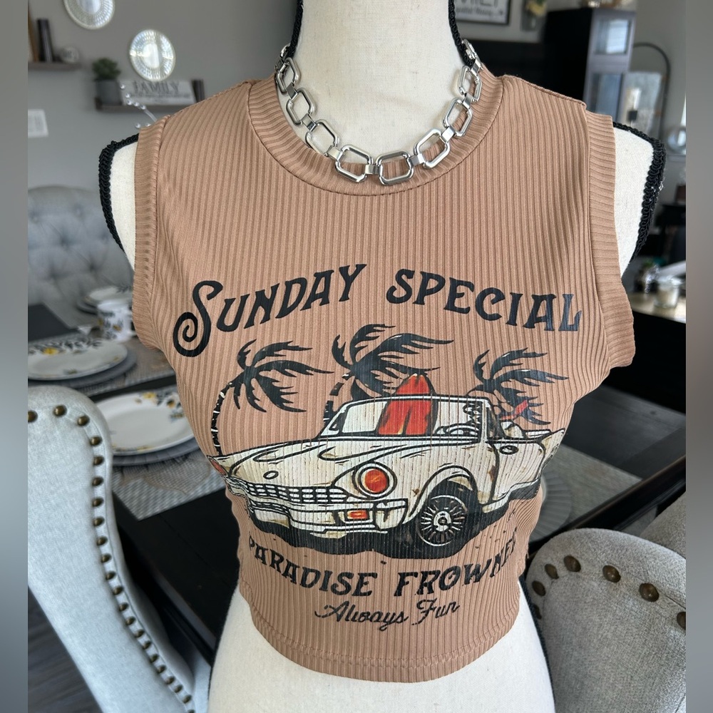 ✨ Sunday Special Tan Ribbed Graphic Crop Tank